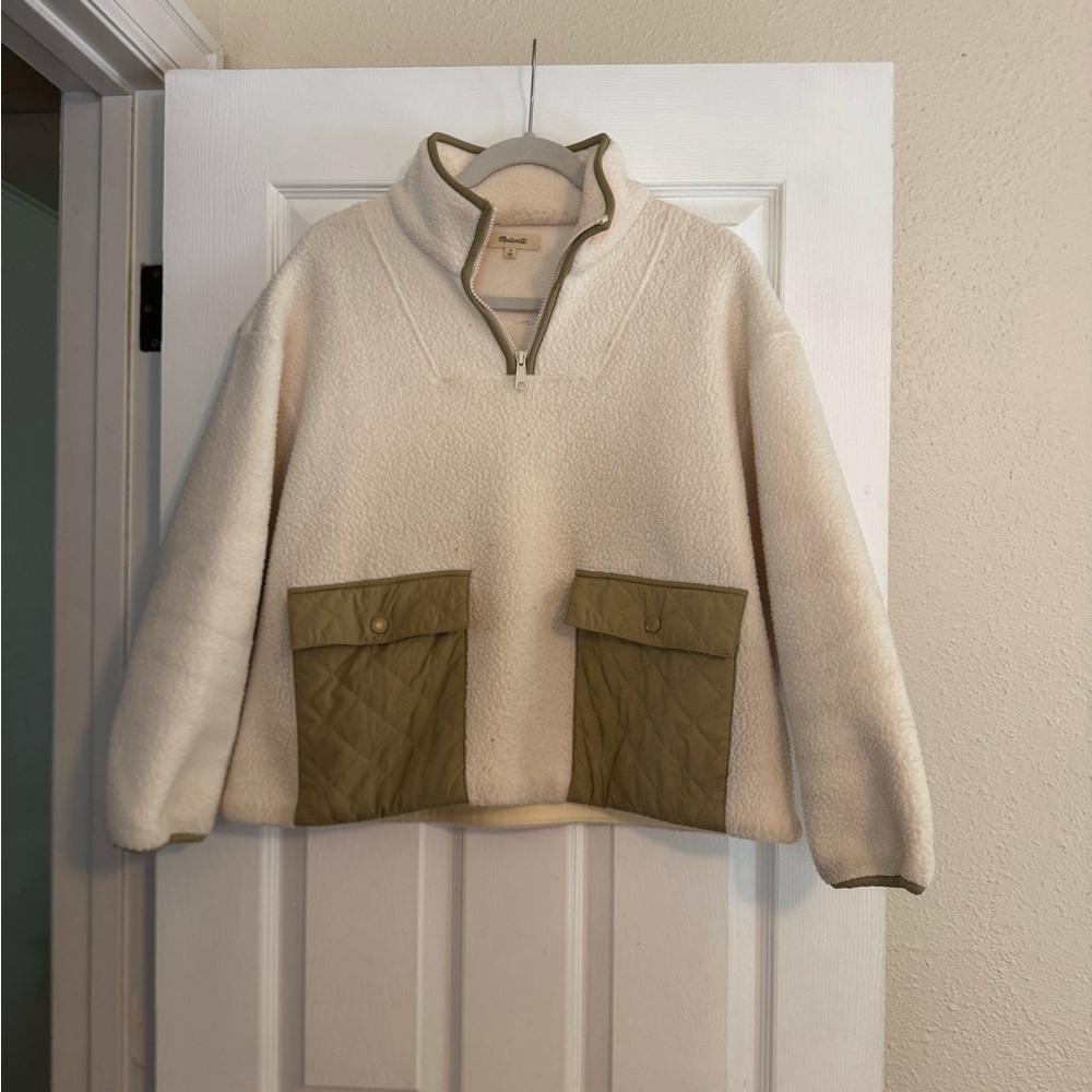 Madewell Sherpa Quarter-Zip in Cream and Olive
